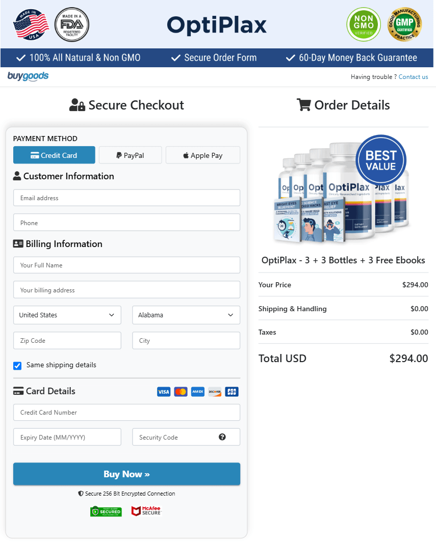 OptiPlax checkout page